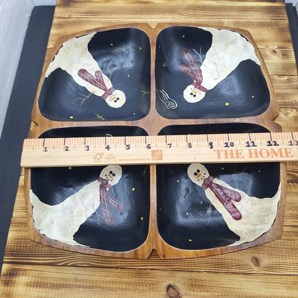 Snowman Painted 4 Divided Nut Dish Monkey Pod Wooden Mid Century Christmas 11.5